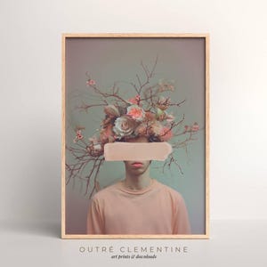 Floral Headpiece Portrait, Surreal Art Print, Botanical Fashion Illustration, Abstract Floral Art, Download, Modern Wall Art, Avant Garde