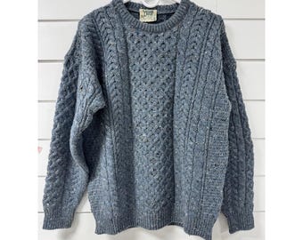 Carraig Donn Aran Wool Sweater Blue Donegal Tweed Cable Knit Made in Ireland
