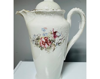 Vintage Floral Porcelain Chocolate Pot Gold Trim Embossed White Pink Tea Pitcher