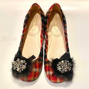 2000s Prada Tartan Wool Jeweled Feather Ballerina Flats