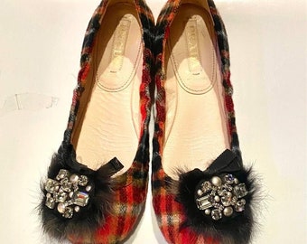 Ballerine Prada Tartan Wool Jeweled Feather Flats anni 2000