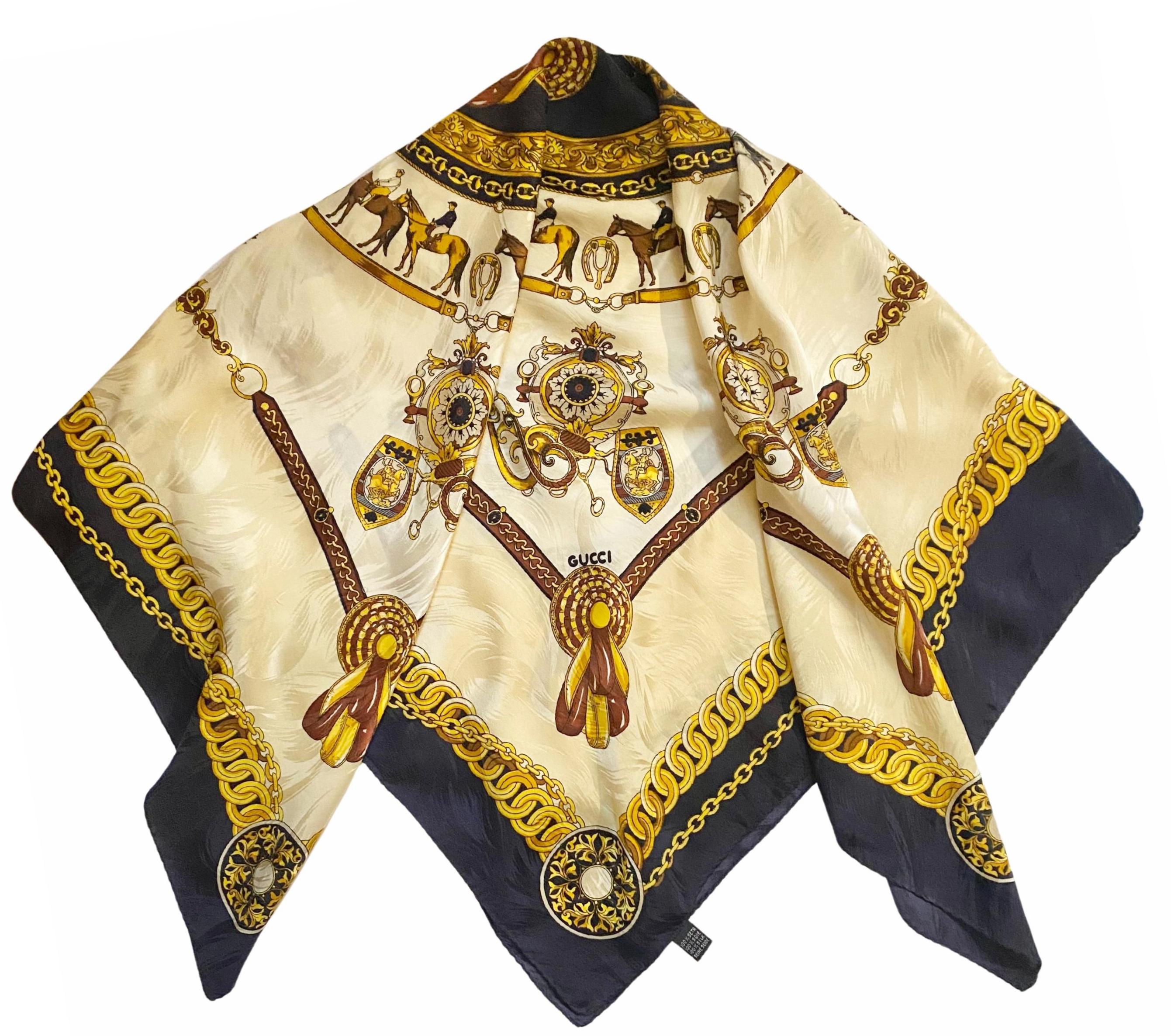 1970s Gucci Silk Scarf Navy & Gold Equestrian Chain Print - Etsy