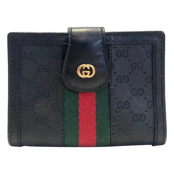 1980s Gucci Black Monogram Leather Cloth Web GG Logo Wallet