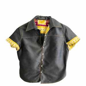1990s Gianni Versace  Denim Blue Contrast Cuff Cropped Mako Cotton Shirt