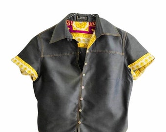 Gianni Versace denimblauw cropped mako-katoenen shirt met contrasterende manchetten uit de jaren 90