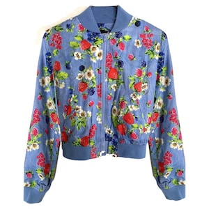 Moschino Denim Feel Fruit Print Blue Bomber Jacket