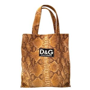 1990s D G  Dolce Gabbana Brown Leather Snake Print Shopper Tote Bag