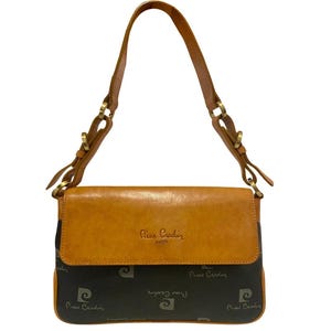 1980s Pierre Cardin Black Tan Logo Flap Shoulder Bag