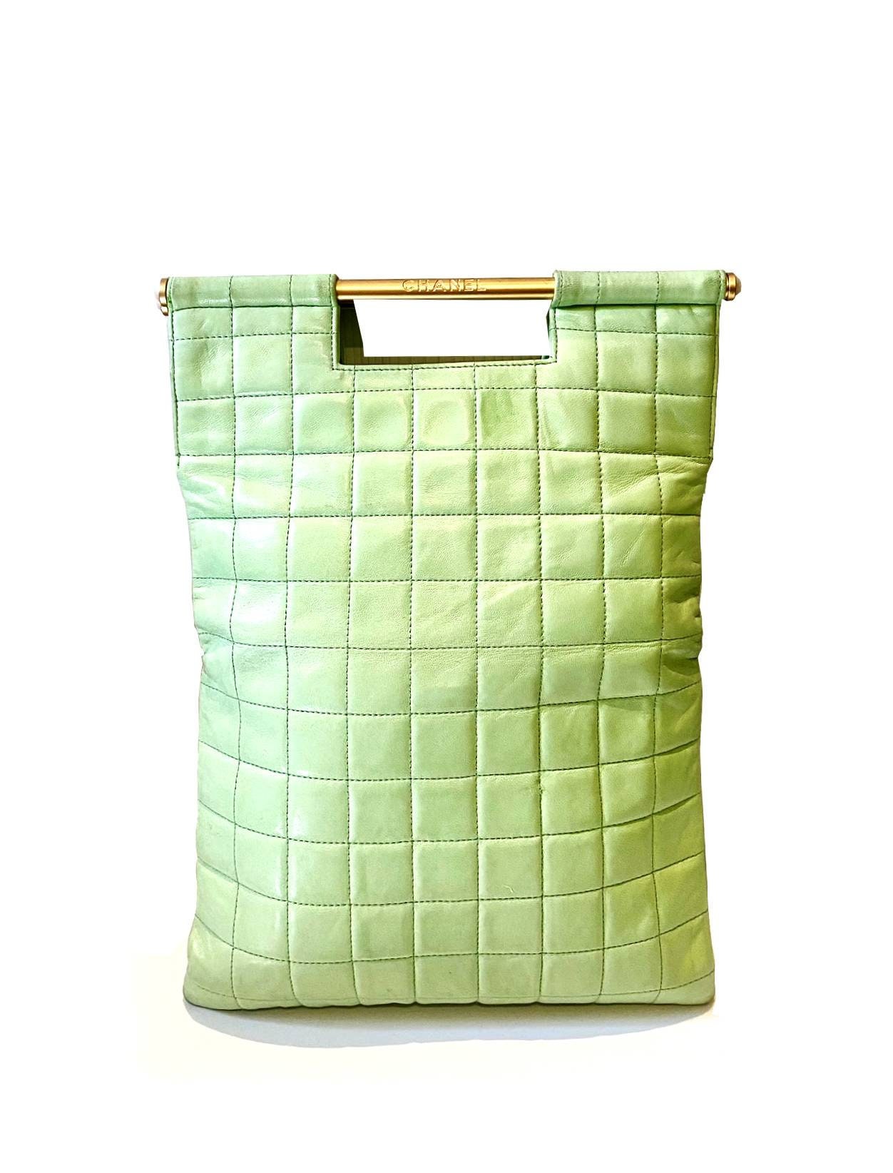 Chanel Quilted Mint Green Top Metal Handle Leather Tote Flap 