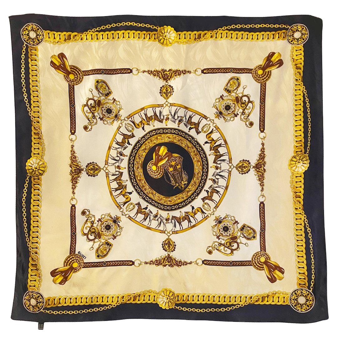 小物 GUCCI silk scarf Beneath The Sea vintage 1970s Gucci Silk Scarf Navy & Gold Equestrian Chain Print - Etsy