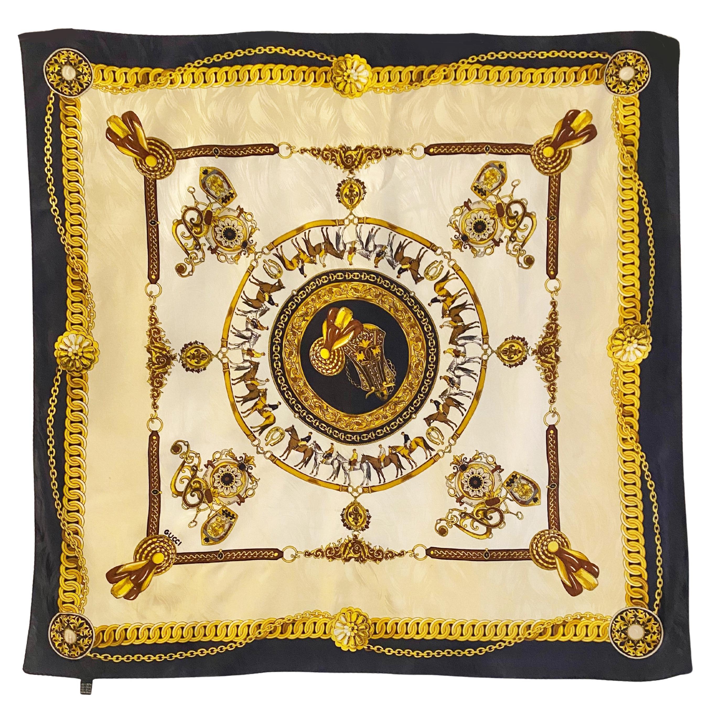 1970s Gucci Silk Scarf Navy & Gold Equestrian Chain Print - Etsy