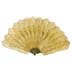 Antique Gilded Brisé Pierced Celluloid Hand Fan with Gold Painted Figures | Late 19th / Early 20th Century