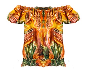 Roberto Cavalli-top van chiffon met pofmouwen uit de jaren 2000, maat 42