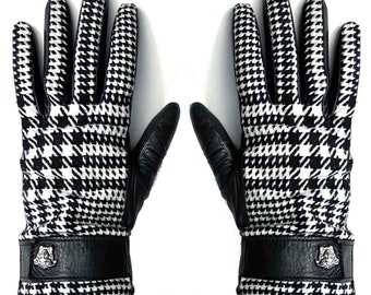 Guantes Medusa de lana y cuero con diseño de pata de gallo de Gianni Versace de los años 90