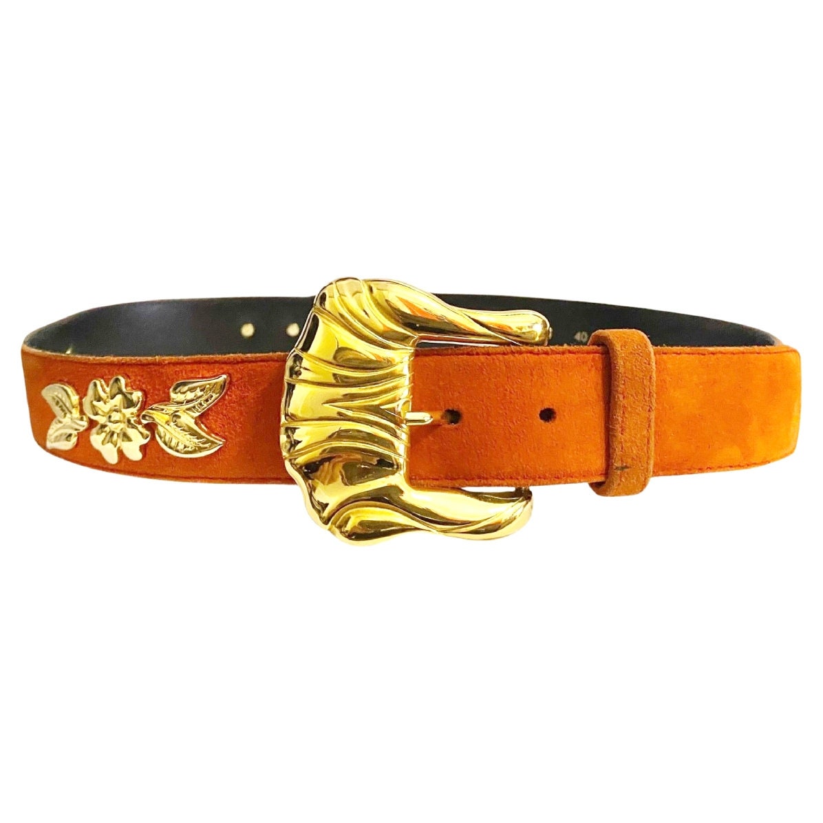 1980s Escada Lobster Red Gold Flower Stud Suede Belt - Etsy display picture 2