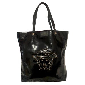 1980s Versace  Black Patent Leather Medusa Cut Out Tote Bag