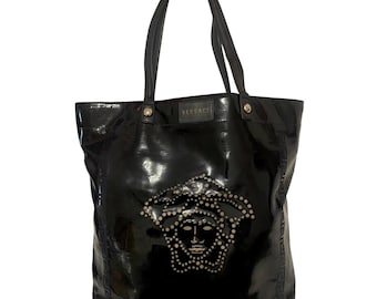 1980s Versace  Black Patent Leather Medusa Cut Out Tote Bag