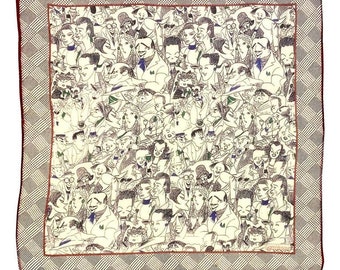 1980s Gianni Versace Novelty Celebrity Caricature Chiffon Silk Scarf