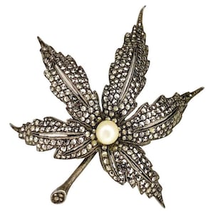 1980s Christian Dior Crystal Silver plated Leaf Brooch