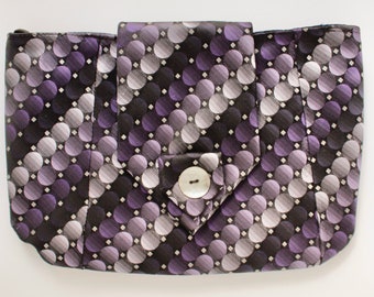 Silk Clutch Purse Upcycled from a Silk Necktie in Purple and Silver