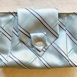 Silk Clutch Purse Upcycled from a Silk Necktie in Ice Blue, Navy and White
