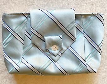 Silk Clutch Purse Upcycled from a Silk Necktie in Ice Blue, Navy and White