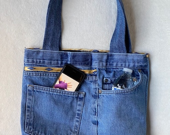 Custom: Blue Jean Tote Bag - Memory Keepsake Upcycled from Blue Jeans & Silk Tie