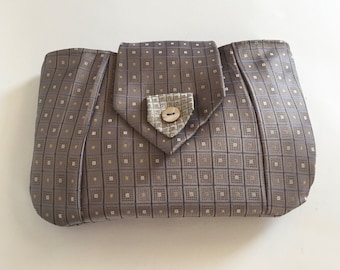 Silk Clutch Purse - Upcycled from a Silk Necktie in Platinum and Gold