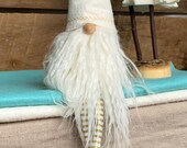 Christmas Winter Gnome Nisse - ( 9 inch) Linen color with Wavy White beard, Gold Metallic Stitching OR gold heart, quot furry quot boots and legs