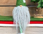 Christmas Gnome Nisse - ( 9 inch) Meadow Green color with Wavy Light Gray beard, Furry Boots, snowflake and legs