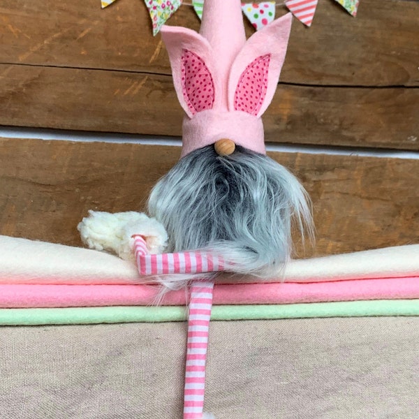 Easter Bunny Spring Gnome Nisse - ( 9 inch) Peony Pink hat with beard, Bunny Ears with wire, Pompom Tail, legs and "furry" boots