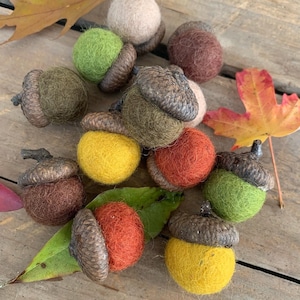 Set of 12 Felted Acorns with natural acorn cap. Fall Autumn Wedding Thanksgiving décor. Brown, Latte, Moss, Mustard, Russet and Tortoise