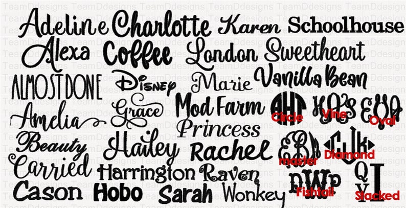 May include: A collection of names and phrases written in a cursive font. The names include Adeline, Charlotte, Karen, Schoolhouse, Alexa, Coffee, London, Sweetheart, Almost Done, Disney, Marie, Vanilla Bean, Amelia, Grace, Mod Farm, Princess, Beauty, Hailey, Rachel, Carried, Harrington, Raven, Cason, Hobo, Sarah, Wonkey, and more.