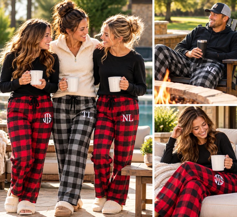 May include: Three pairs of flannel pajama pants featuring a buffalo check pattern in red and black or gray and black. Each pair includes a white embroidered monogram on the left hip. The pants have a black drawstring waist and loose fit.
