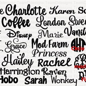 May include: A collection of names and phrases written in a cursive font. The names include Adeline, Charlotte, Karen, Schoolhouse, Alexa, Coffee, London, Sweetheart, Almost Done, Disney, Marie, Vanilla Bean, Amelia, Grace, Mod Farm, Princess, Beauty, Hailey, Rachel, Carried, Harrington, Raven, Cason, Hobo, Sarah, Wonkey, and more.