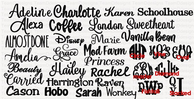 May include: A collection of names and phrases written in a cursive font. The names include Adeline, Charlotte, Karen, Schoolhouse, Alexa, Coffee, London, Sweetheart, Almost Done, Disney, Marie, Vanilla Bean, Amelia, Grace, Mod Farm, Princess, Beauty, Hailey, Rachel, Carried, Harrington, Raven, Cason, Hobo, Sarah, Wonkey, and more.
