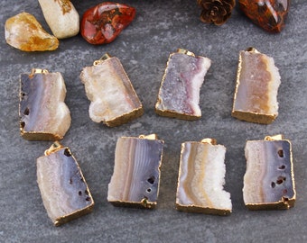 5 pcs Pendentif Druzy Slice en agate, rectangle, plaque d'agate brune brute dépolie mate, plaqué or, 15-23 x 31 mm, Q44