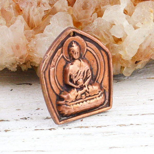 Solid Copper Buddha Pendant, Pure Copper Buddha Charm, Antique Copper Buddha Amulet, Buddhism Meditation Pendant, 19x21mm, C149