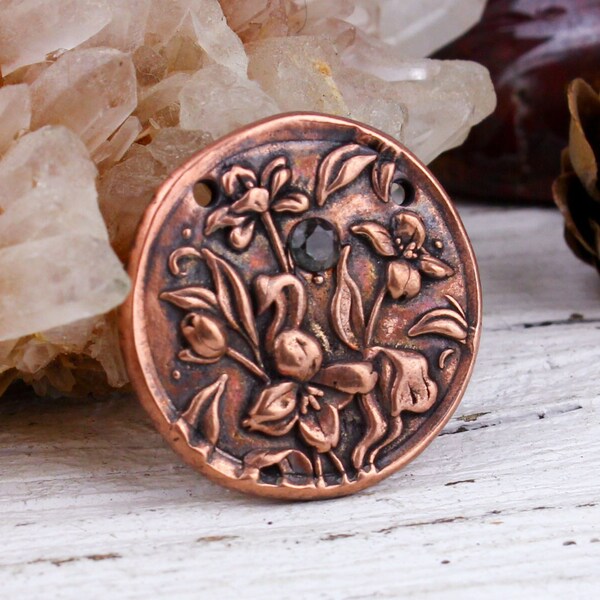 CLEARANCE 60% OFF Flawed Solid Copper Iris Flower Pendant with Crystal, 2-Hole Antique Copper Wax Seal Pendant, 21mm, C194