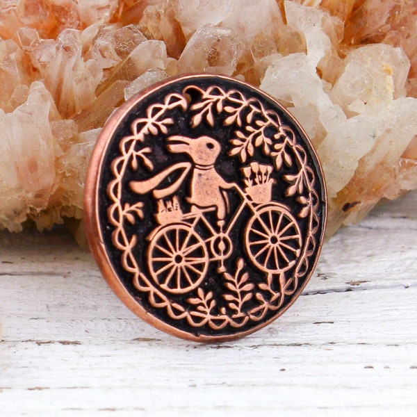 Solid Copper Bunny on a Bicycle Pendant, Copper Wax Seal Pendant, Antique Copper Rabbit Charm, Whimsical Copper Charm, 24mm, C177