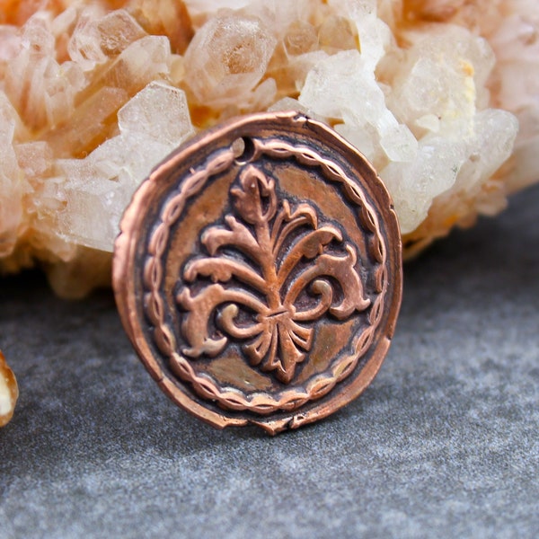 Solid Copper Fleur de Lis Pendant, Copper Wax Seal Stamp Pendant, Antique Copper Fleur de Lis Charm, PMC, 20mm, C128