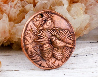Handcrafted Solid Copper Birds and Evergreen Pendant, Copper Wax Seal Pendant, Antique Copper Nature Charm, Birdwatchers Gift, 24mm, rC175
