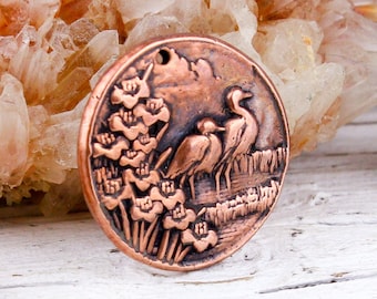 Handcrafted Solid Copper Birds and Flowers Pendant, Copper Wax Seal Pendant, Antique Copper Bird Charm, Birdwatchers Gift, 24mm, rC179