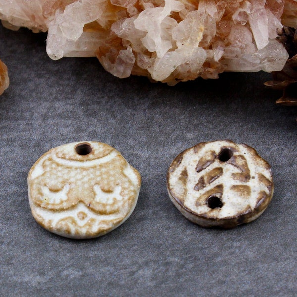 20% OFF Artisan Ceramic Coin Charm Connector, Starry Road Studios Ceramic, Beige Stoneware Connector, 17-19mm, 2 pcs, Lot34-4