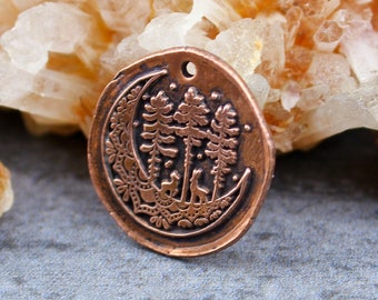 Handcrafted Solid Copper Moon Pendant, Copper Forest Pendant, Antique Copper Moon Charm, Copper Wildlife Charm, Nature Lovers, 20mm, rC121