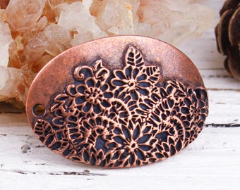 Handcrafted Solid Copper Floral Lace Curved Bracelet Focal, Pure Antique Copper Flowers and Leaves Connector, 20x30mm, rC236