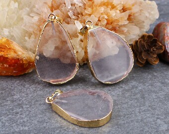 2 perles pendantes en forme de goutte d'eau en cristal de quartz lisses, pendentif focal en quartz clair, plaqué or, 25x35 - 30 x 45 mm, Q50