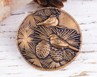 Button - Handcrafted Solid Bronze Lovebirds and Evergreen Bracelet Button, Antique Bronze Decorative Shank Button, 29mm, rB240