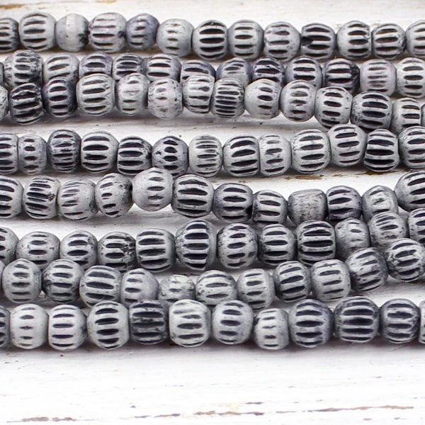 Natural Grey Bone Spacer Beads, Corrugated Round Bone Beads, Water Buffalo Bone Beads, Black Bone Beads, 4x5mm, 16" Strand, H55