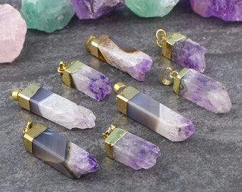 Rose Quartz Love Stone on Aura Quartz Druzy Crystal Slice w Golden Accents Charm Necklace